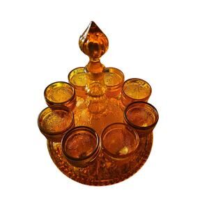 Tiara Amber Indiana Sandwich Glass Decanter & 8 Glasses